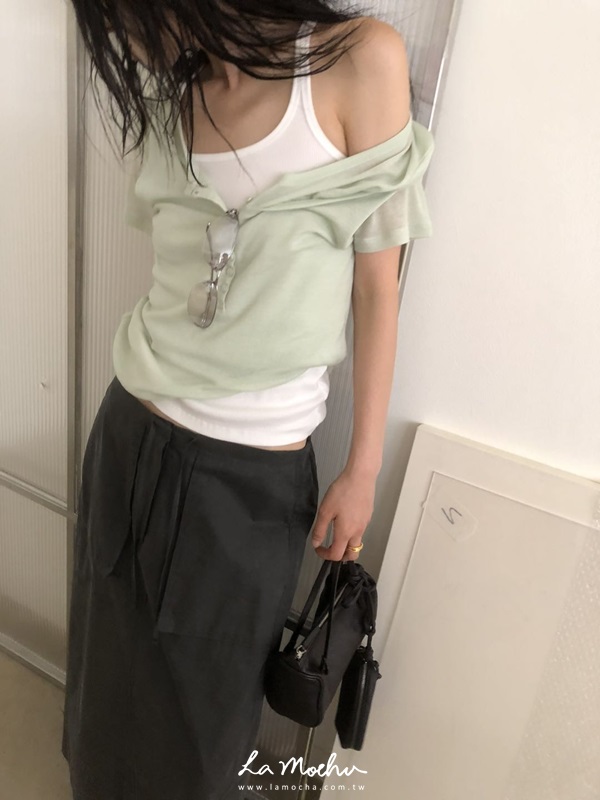 排扣假兩件微透上衣
